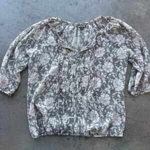 Vintage Y2k Express Chiffon Tie Up 3/4 Sleeve Floral Neutral Grey Blouse Small